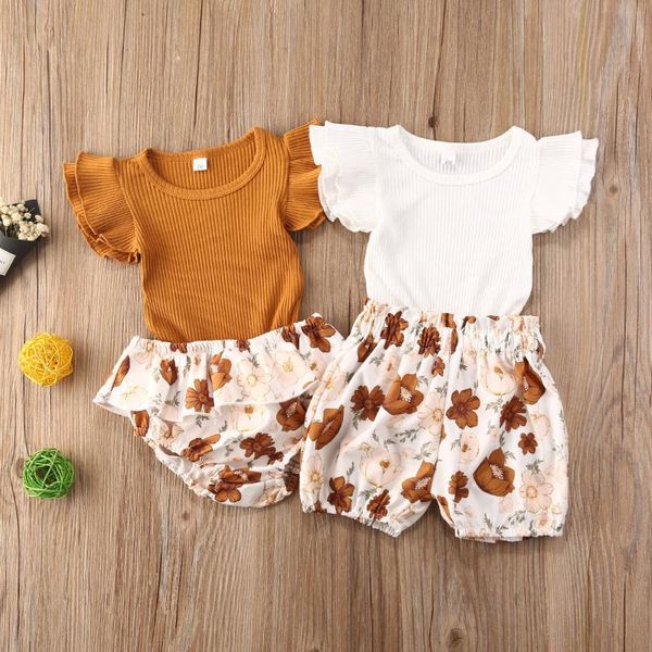 

new summer toddler baby girls clothes set sleeve cotton romper +floral shorts 2pcs boho baby outfits clothing, White
