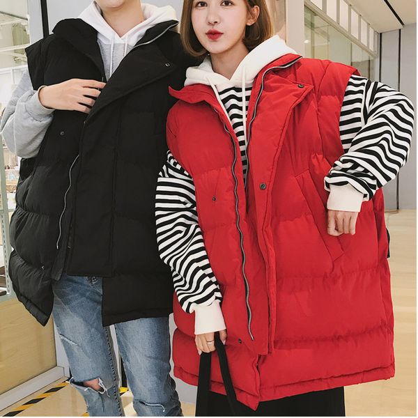 

2018 winter new stand collar loose wild long coat solid color vest men's tide male and female couple black / red / green s