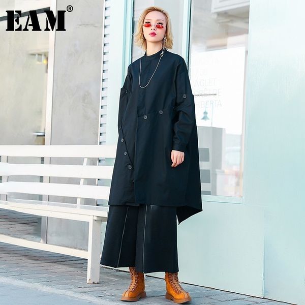 

eam] 2019 new autumn winter stand collar long sleeve button split joint loose big size jacket women coat fashion tidejo016, Black;brown