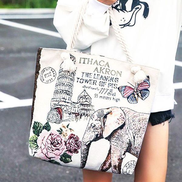

canvas handbag printed casual style rope strap shoulder bag daily use f42a
