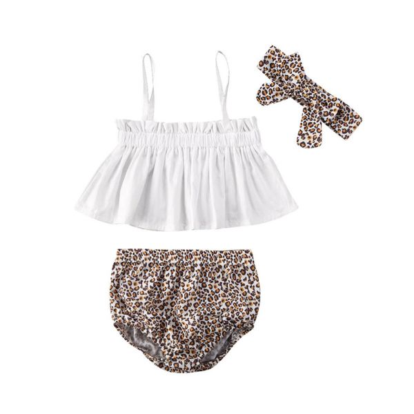 

summer 0-24m infant baby girl kid clothes sling + leopard shorts + headband cute set clothing, White