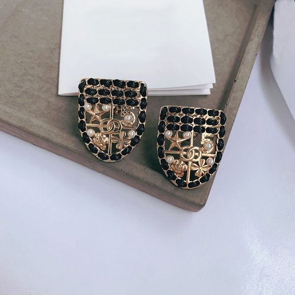 

c2251 new faux pearl black leather rope earrings with fashion tag star flower and letter cross ear stud female classic jewelry, Golden;silver