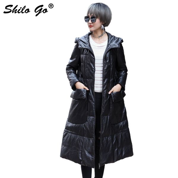 

shilo go down leather trench womens winter fashion sheepskin genuine leather long coat hooded long sleeve side pocket a line, Tan;black