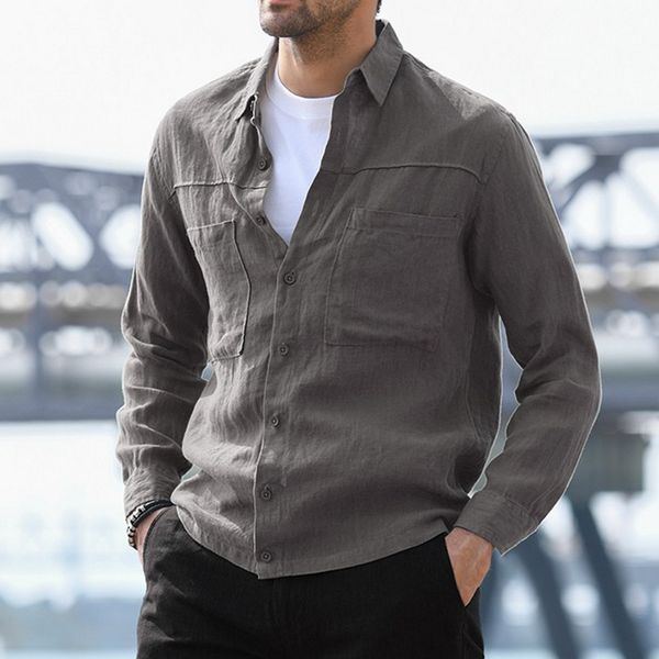 

adisputent men cotton linen shirt vintage casual solid black white pocket long sleeve shirts blouse 2020 male pullover, White;black