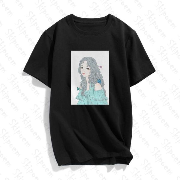

anime girl with flowers t-shirt women punk korean style gothic aesthetic tumblr cotton short sleeve plus size clothes tees, White