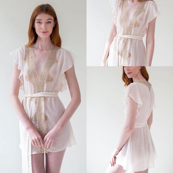 

sheer girlandaseriousdream sleepwear women bathrobe short sleeve v neck chiffon cloak sash short prom bridesmaid shawel, White