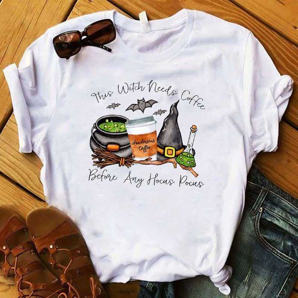 

women t womens graphic witch coffee hocus pocus fall halloween thanksgiving tee shirt ladies tshirt female clothes t-shirt, White