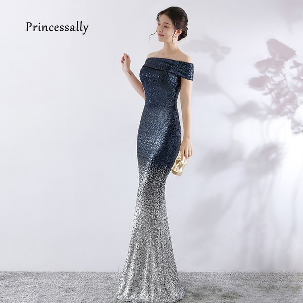 

new mermaid evening dress reflective fish tail sequin color fade navy boat neck prom party gown for wedding gown de fiesta, White;black