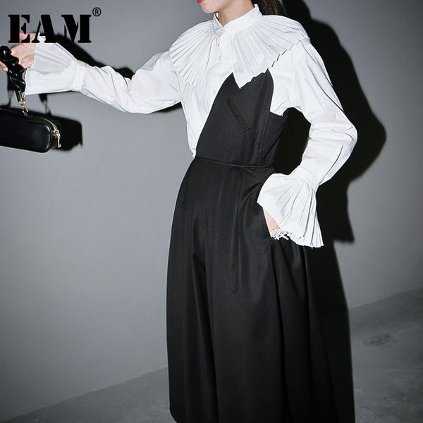 

eam] женщины белый плиссированные сплит большой размер блузка новый стенд воротник с длинным рукавом свободная посадка рубашка мода весна о, White