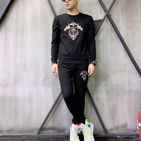 

seestern brand men's 2-piece suit embroidered bee flag crown star fashion black hoodie with pants autumn winter running suit, Gray