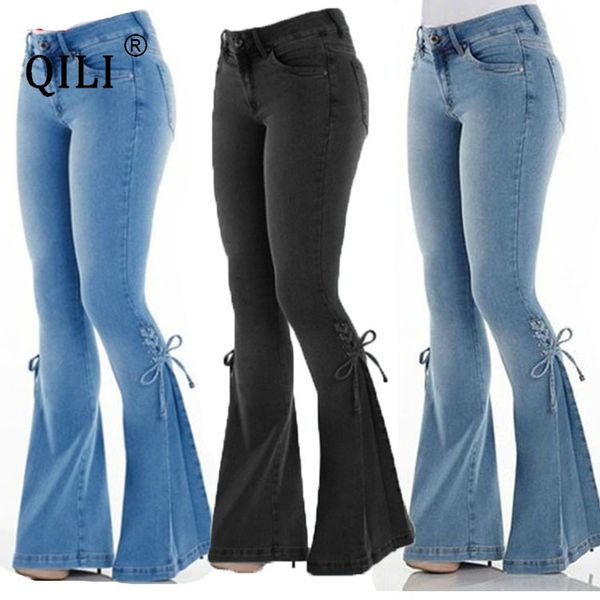 

qili new ladies jeans mid-rise lace up denim trousers stretch jeans plus size flare pants fashion trousers xs-4xl, Blue