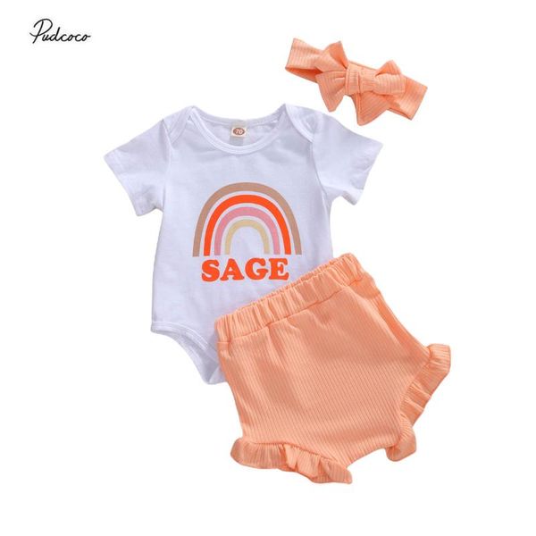 

clothing sets 2021 summer 0-24m cute infant baby girl clothes rainbow striped print short sleeve romper cotton pink high waist shorts 3p, White