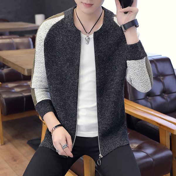 

men's sweaters wool cardigan autumn winter warm thick o-neck patchwork zipper slim fit long sleeve knitted cotton casual jacket, White;black