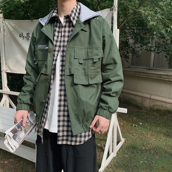 

autumn new tooling jacket men fashion solid color casual multi-pocket hooded jacket man streetwear hip-hop loose bomber, Black;brown