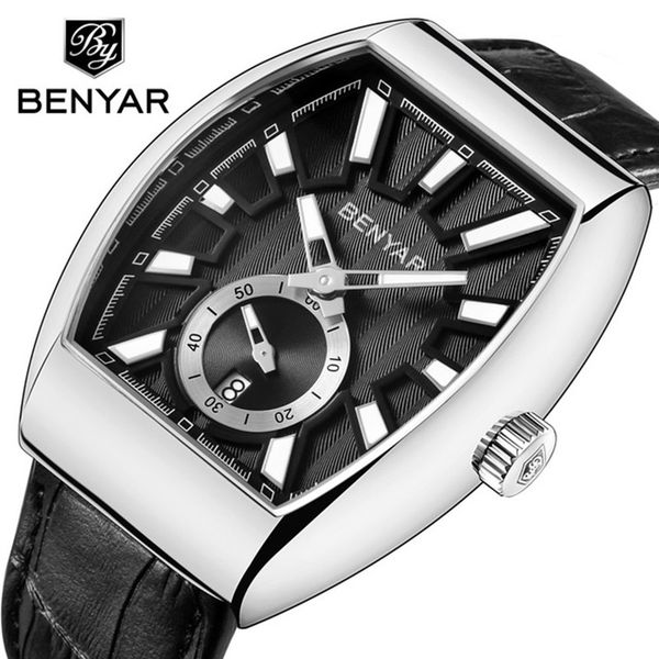 

benyar luxury new men's watch quartz watch leather strap men's sports hour date waterproof relogio masculino, Slivery;brown