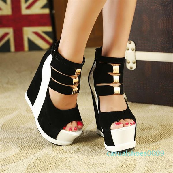 

sarairis 2020 new design wedge high heels summer sandals women shoes cover heel zip up metal decoration shoes woman sandals c09, Black