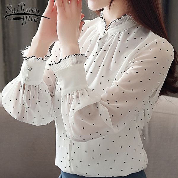 

fashion women chiffon blouse 2019 spring long sleeve puff blouse stand neck chiffon lady shirt dot pattern lady 2261 50, White