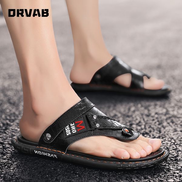 

лето мужчины сандалии из натуральной кожи высокого качества мужской комфортная обуви черный слип-on конструкторы тапочки гладиатор сандалии, Black