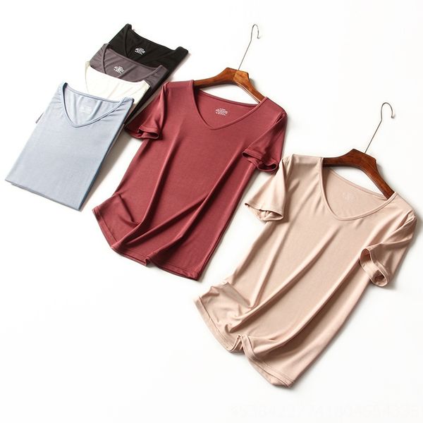 

summer modal women's short-sleeved solid color v-neck cool t- t- shirt shirt women's loose base appearance temperament blouse, White