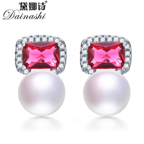 

dainashi 925 sterling silver red zircon earrings 100% genuine natural freshwater pearl stud earrings for women, Golden;silver