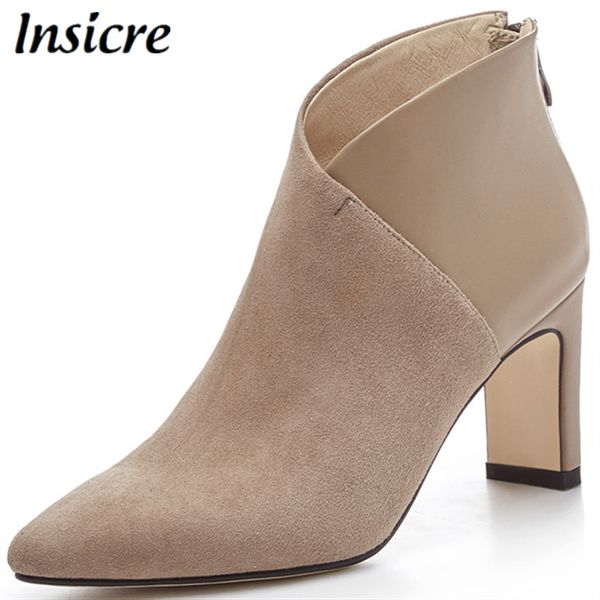 

insicre women ankle boots cow suede high heel 8 cm patchwork pigskin lining zipper black fashion ladies autumn shoes size 40