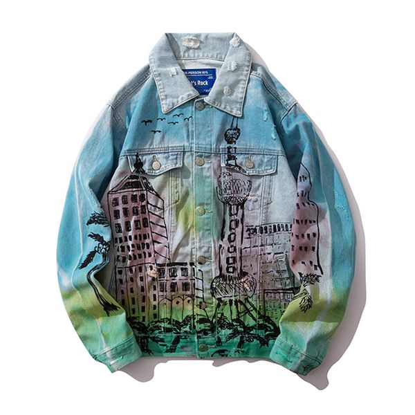 

hip hop graffiti denim jackets mens streetwear washed hole denim jacket distressed male 2019 fashionable men's jean jackets, Black;brown