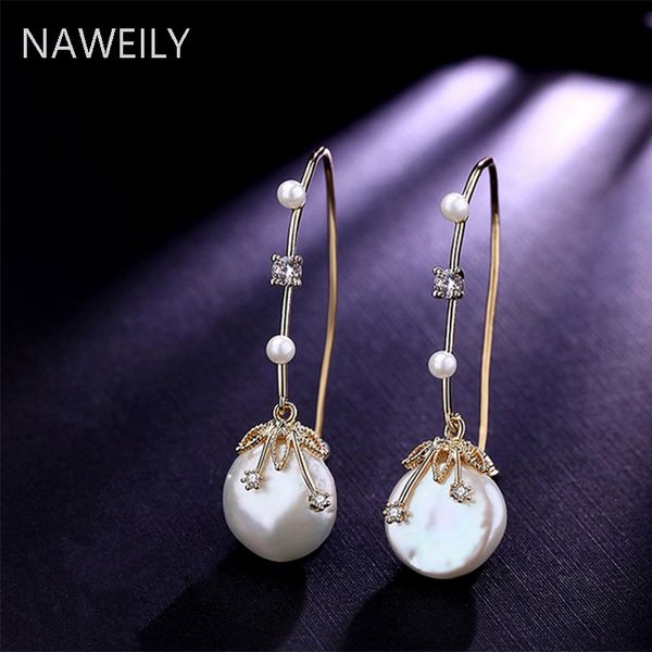 

bohemia natural pearl drop earrings women girls fashion jewelry baroque freshwater pearl earring cz crystal long dangle earring, Golden
