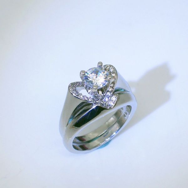 

brand female crystal white wedding ring set luxury 925 silver heart engagement ring vintage bridal wedding rings for women, Slivery;golden