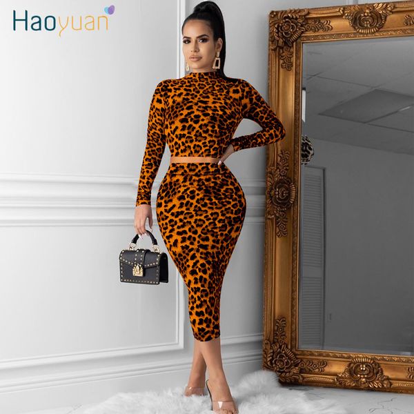 

haoyuan leopard two piece skirt set women fall festival clothing crop and midi skirt 2 piece matching sets club outfits t200528, Gray