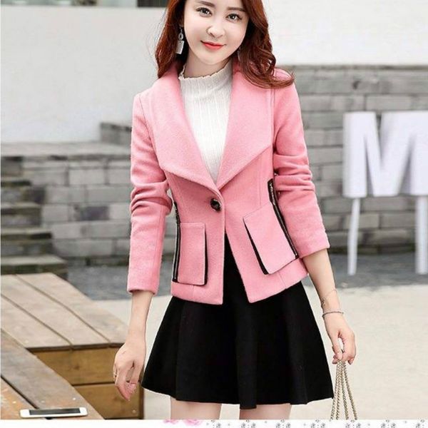 

woman short pink woolen coat fashion autumn jacket, Black