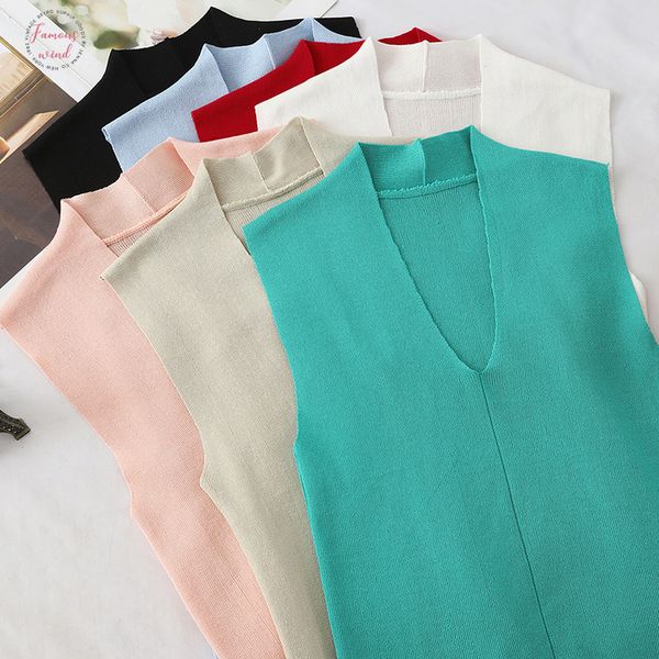 

everyday clothing women v neck knitted cropped tank female bodycon tanks sleeveless basic solid t shirts tees camisole, White