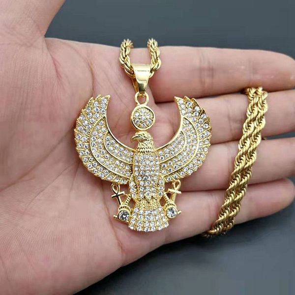 

hip hop full rhinestones bling iced out gold stainless steel eagle horus pendants necklace for men rapper jewelry, Silver