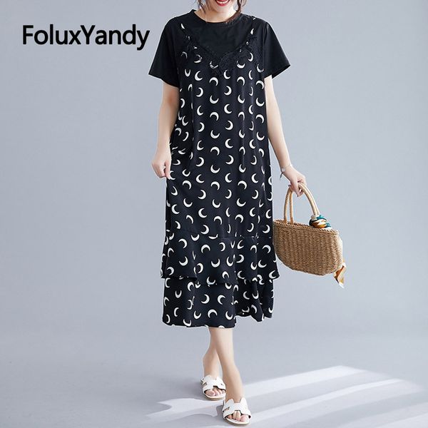 

casual dresses a-line chiffon dress summer style women plus size print lace midi black vestidos nqyl132, Black;gray