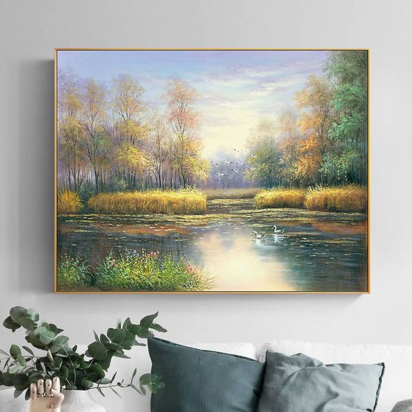 

Monet Morning Bedroom Decorative Painting Living Room Restaurant Hanging Painting Pure Hand-Painted Landscape Forest Landscape Lake Oil Pain