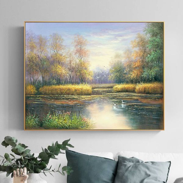 

monet morning bedroom decorative painting living room restaurant hanging painting pure hand-painted landscape forest landscape lake oil pain
