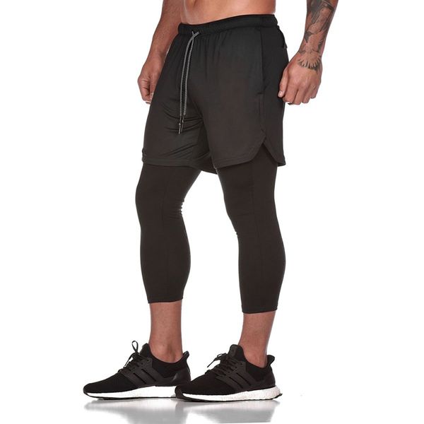 

monerffi brand mens sportswear legging feet pants fake 2 pieces nine pants running fitness work out short men joggers, Black