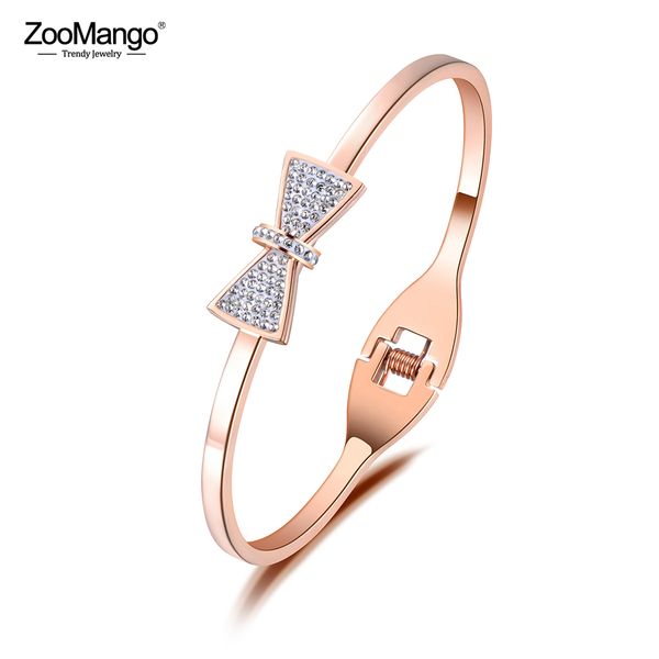 

zoomango titanium stainless steel cuff bracelet jewelry for women crystal bow-knot lover bracelets bangle valentine gift zb19003, Black