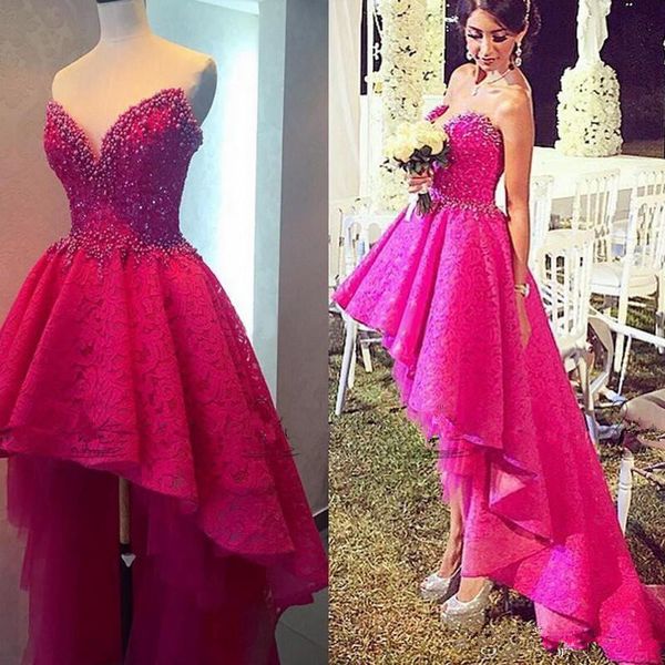 Alta Baixa Renda fúcsia Prom Dresses 2020 lindo querida Pérolas frisada Ruffles Backless rosa quente assimétrica vestidos de noite concurso 1524