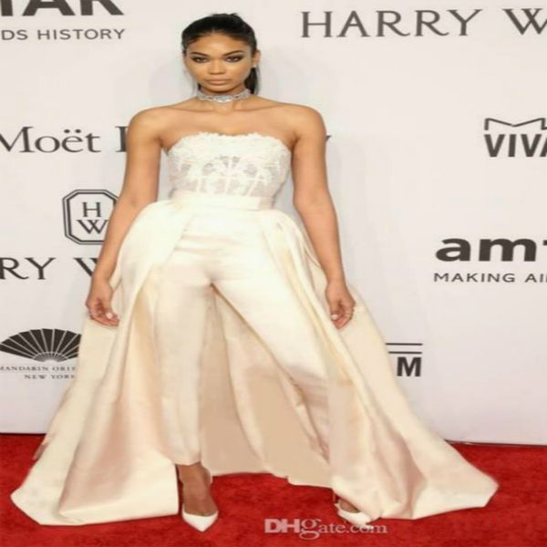 

zuhair murad prom dresses jumpsuit with detachable train beige strapless lace flowers formal pants suit red carpet inspired prom dress, Black