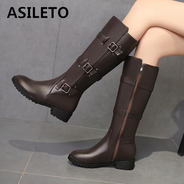 

asileto knee high boots women motorcycle boots flat heels buckle shoes woman autumn winter riding botte booties bota d474, Black