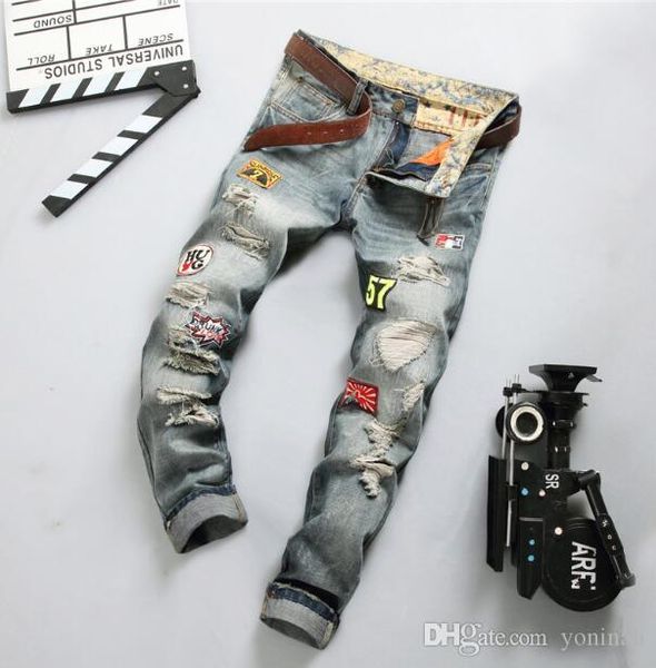 

оптовая бесплатная доставка новая мода патч отверстие проблемные джинсы мужские тонкие прямые джинсы дизайнер высокое качество промытые полн, Blue