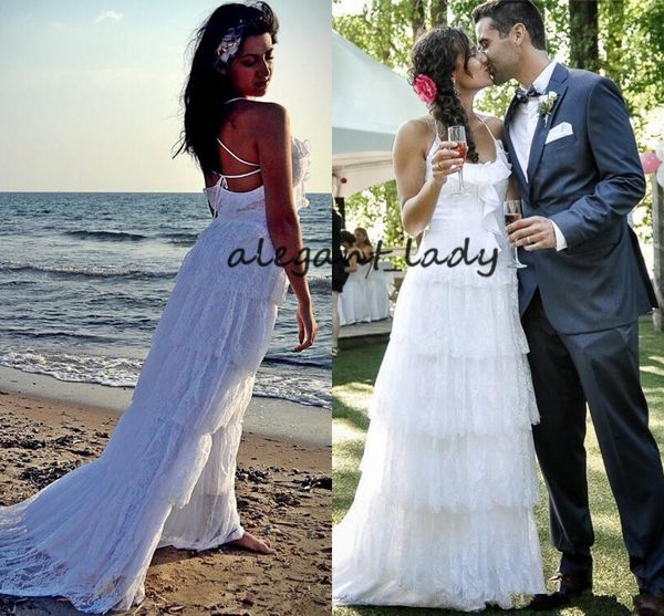 

criss cross straps bridal gowns 2019 retro beach lace wedding dresses spaghetti tiers floor length ruffles vestido de novia, White