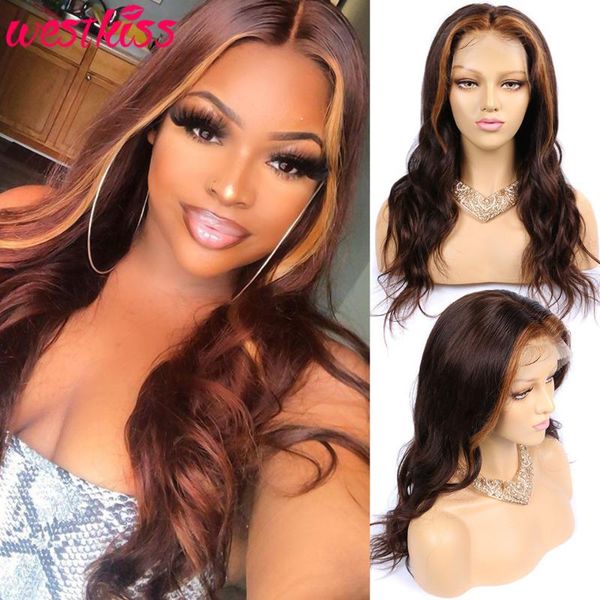 

west kiss blonde highlighted wigs body wave lace front wig human hair pre plucked frontal with baby hair remy peruvian wigs, Black;brown