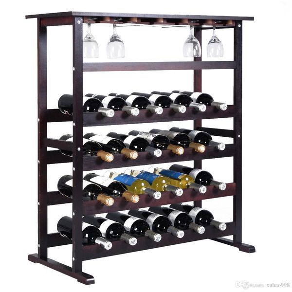 

new 24 bottle wood wine rack holder storage shelf display w/ glass hanger