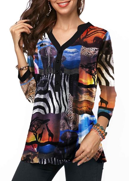 

spring womens v-neck blouses loose animal printed women shirts female fashion clothing new arrival, White