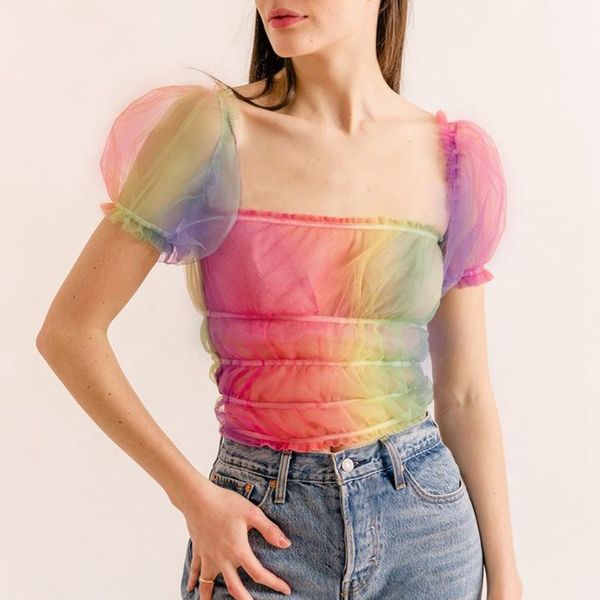 

2020 mesh perspective colorful women blouses square neck puff sleeve short sleeve t shirt women fashion streetwear haut femme, White