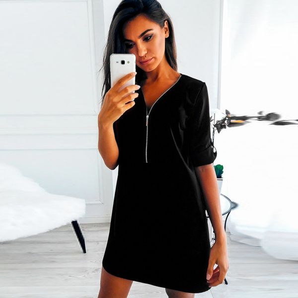

Casual Female Long Sleeve V Neck Zipper Loose Dress Fashion Women Party Dress Ladies plus size Clothes vestidos verano