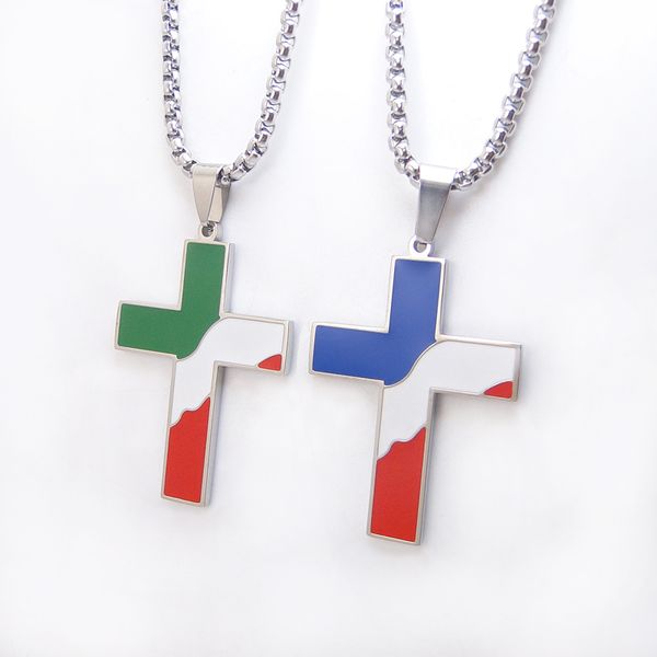 

dicaylun italian french flag cross necklace stainless steel france italy flag pendant jewelry religious patriotic christian gift, Silver