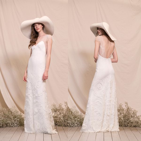 Divino Atelier Modest Capped Bainha Vestidos de Noiva V Pescoço Backless Appliques Lace Wedding Dress Vestido Varredura Vestidos de Novia