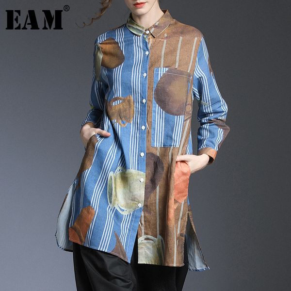 

eam] women blue pattern printed striped blouse new lapel long sleeve loose fit shirt fashion tide spring autumn 2020 1t414, White